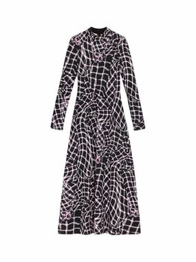 Black & Light Pink Grid-Print Long Sleeve Maxi Dress